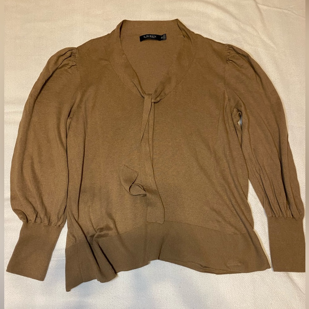 Lauren Ralph Lauren Camel-Brown V-Neck Tie-Neck Sweater
